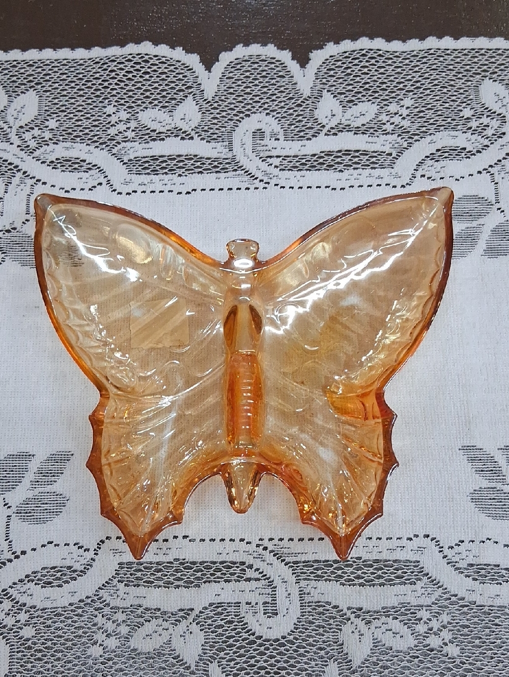 Jeannette Glass iridescent amber carnival glass butterfly-shaped candy dish